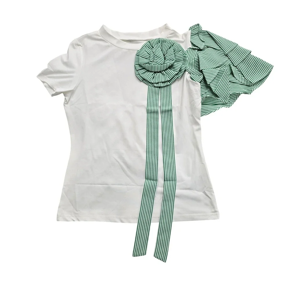 2 Piece Striped Palazzo Pants Set Rosette Top Wide Leg Green White Womens L NIP